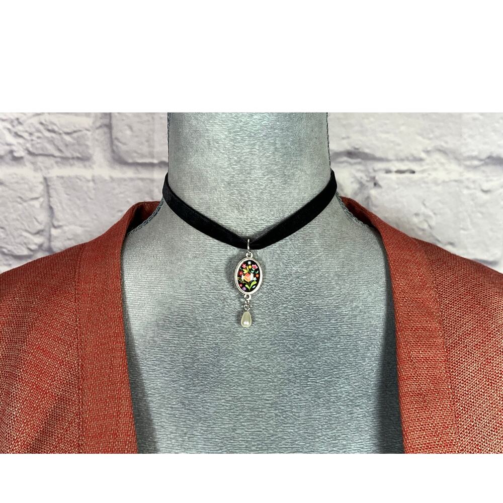 Handmade Victorian Style Black Velvet Choker with Floral Pendant and Pearl Drop